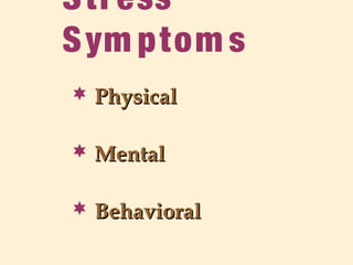 Stress
Sym ptom s
 PhysicalPhysical
 MentalMental
 BehavioralBehavioral
 