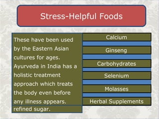 Stress-Helpful FoodsStress-Helpful Foods
Calcium
Ginseng
Selenium
Herbal Supplements
Molasses
Carbohydrates
Helps in bone & tooth
development and nerve
transmission. Reduces
heart palpitations,
muscle cramps,
saturated fat etc. Foods
like milk, cheese, green
vegetables all contain
calcium.
As a stress treatment,
ginseng can be very
good, something like
alcohol, only without the
side effects. All other
things are mere
controversial claims.
An antioxidant with
Vitamin E, it protects cell
membrane and internal
structures. Helps in
curing anemia, irregular
heart beat. whole grains,
seafood, eggs, meats,
brown rice have
selenium .
A Nature’s gift, organic
molasses granules
maintain trace levels of
nutrients and contain
iron, manganese,
copper, potassium, and
calcium. They offer a
sucrose level roughly
10% below traditional
refined sugar.
If taken in unrefined
form they boost positive
energy levels and thus,
help to combat stress.
Some examples are
whole grain bread,
pasta, brown rice,
vegetables and fruits.
These have been used
by the Eastern Asian
cultures for ages.
Ayurveda in India has a
holistic treatment
approach which treats
the body even before
any illness appears.
 
