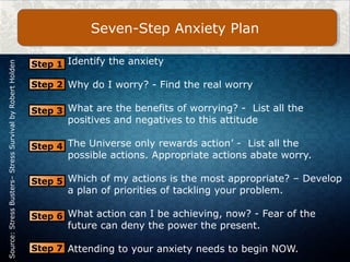 Identify the anxiety
Why do I worry? - Find the real worry
What are the benefits of worrying? - List all the
positives and negatives to this attitude
The Universe only rewards action’ - List all the
possible actions. Appropriate actions abate worry.
Which of my actions is the most appropriate? – Develop
a plan of priorities of tackling your problem.
What action can I be achieving, now? - Fear of the
future can deny the power the present.
Attending to your anxiety needs to begin NOW.
Seven-Step Anxiety Plan
Source:StressBusters–StressSurvivalbyRobertHolden
Step 1
Step 2
Step 3
Step 4
Step 5
Step 6
Step 7
 