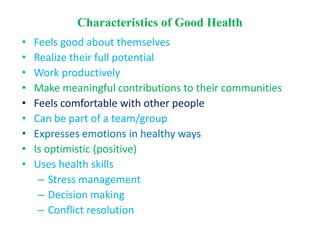 • Feels good about themselves
• Realize their full potential
• Work productively
• Make meaningful contributions to their communities
• Feels comfortable with other people
• Can be part of a team/group
• Expresses emotions in healthy ways
• Is optimistic (positive)
• Uses health skills
– Stress management
– Decision making
– Conflict resolution
Characteristics of Good Health
 