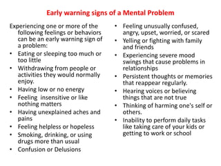 Early warning signs of a Mental Problem
Experiencing one or more of the
following feelings or behaviors
can be an early warning sign of
a problem:
• Eating or sleeping too much or
too little
• Withdrawing from people or
activities they would normally
enjoy.
• Having low or no energy
• Feeling insensitive or like
nothing matters
• Having unexplained aches and
pains
• Feeling helpless or hopeless
• Smoking, drinking, or using
drugs more than usual
• Confusion or Delusions
• Feeling unusually confused,
angry, upset, worried, or scared
• Yelling or fighting with family
and friends
• Experiencing severe mood
swings that cause problems in
relationships
• Persistent thoughts or memories
that reappear regularly.
• Hearing voices or believing
things that are not true
• Thinking of harming one's self or
others.
• Inability to perform daily tasks
like taking care of your kids or
getting to work or school
 