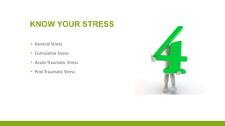 KNOW YOUR STRESS
▪ General Stress
▪ Cumulative Stress
▪ Acute Traumatic Stress
▪ Post Traumatic Stress
 