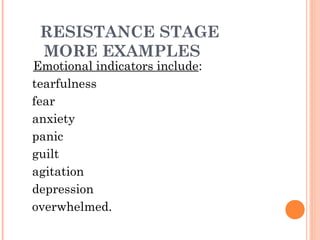 RESISTANCE STAGE
MORE EXAMPLES
Emotional indicators include:
tearfulness
fear
anxiety
panic
guilt
agitation
depression
overwhelmed.
 