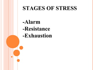 STAGES OF STRESS
-Alarm
-Resistance
-Exhaustion
 