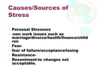 Causes/Sources of
Stress
• Personal Stressors
• -non work issues such as
marriage/divorce/health/finance/child
ren
• Fear-
• fear of failure/acceptance/losing
• Resistance-
• Resentment-to changes not
acceptable.
 