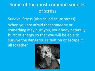 Some symptoms of this are  headache, chest pain, depression, ulcers, high blood pressure, tension,  burnouts, panic attack and anxiety.Bad Stress or Chronic Stress cont..