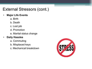 • Major Life Events
a. Birth
b. Death
c. Lost job
d. Promotion
e. Marital status change
• Daily Hassles
a. Commuting
b. Misplaced keys
c. Mechanical breakdown
External Stressors (cont.)
 