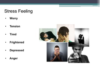 • Worry
• Tension
• Tired
• Frightened
• Depressed
• Anger
Stress Feeling
 