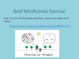 Brief Mindfulness Exercise
Just sit in a comfortable position, close your eyes and
listen.
https://www.7cups.com/exercises/mindfulness1/
 