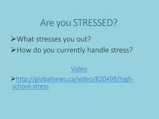 Are you STRESSED?
What stresses you out?
How do you currently handle stress?
Video
http://globalnews.ca/video/820498/hi...