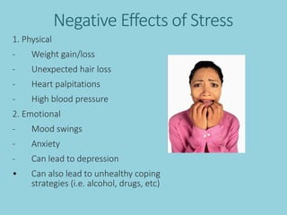 Negative Effects of Stress
1. Physical
- Weight gain/loss
- Unexpected hair loss
- Heart palpitations
- High blood pressure
2. Emotional
- Mood swings
- Anxiety
- Can lead to depression
• Can also lead to unhealthy coping
strategies (i.e. alcohol, drugs, etc)
 