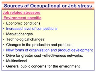 Sources of Occupational or Job stressJob related stressors  Environment specificEconomic conditionsIncreased level of competitionsMarket changesTechnological changesChanges in the production and productsNew forms of organization and product developmentDrive for greater cost –effectiveness networks.MultinationalGeneral public concerns for the environment