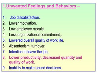 1.Unwanted Feelings and Behaviors – Job dissatisfaction.Lower motivation.Low employee morale.Less organizational commitment,.Lowered overall quality of work life.Absenteeism, turnover.Intention to leave the job,Lower productivity, decreased quantity and quality of work.Inability to make sound decisions.