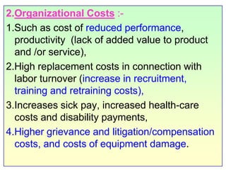 2.Organizational Costs:- 1.Such as cost of reduced performance, productivity  (lack of added value to product and /or service), 2.High replacement costs in connection with labor turnover (increase in recruitment, training and retraining costs), 3.Increases sick pay, increased health-care costs and disability payments, 4.Higher grievance and litigation/compensation costs, and costs of equipment damage.