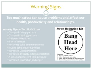 Warning Signs

   Too much stress can cause problems and affect our
        health, productivity and relationships.
Warning Signs of Too Much Stress
   Changes in sleep patterns
   Changes in eating patterns
   Frequent headaches
   Shorter temper
   Recurring colds and minor illness
   Muscle ache and/or tightness
   Increased Disorganization
   Increased difficulty in task completion
   A sense of persistent time pressure
   Increased frustration and anger
 