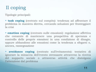 Il coping
Tipologie principali:

• task coping (centrato sul compito): tendenza ad affrontare il
problema in maniera diretta, cercando soluzioni per fronteggiare
la crisi

• emotion coping (centrato sulle emozioni): regolazione affettiva
che consente di mantenere una prospettiva di speranza e
controllo delle proprie emozioni in una condizione di disagio,
oppure abbandono alle emozioni come la tendenza a sfogarsi o,
ancora, rassegnazione

• avoidance coping (centrato sull’evitamento): tentativo di
ignorare la minaccia dell’evento stressante attraverso la ricerca
del supporto sociale o attraverso attività che distolgono
l’attenzione dal problema

11

 