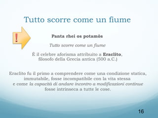 Tutto scorre come un fiume
Panta rhei os potamòs
Tutto scorre come un fiume
È il celebre aforisma attribuito a Eraclito,
filosofo della Grecia antica (500 a.C.)
Eraclito fu il primo a comprendere come una condizione statica,
immutabile, fosse incompatibile con la vita stessa
e come la capacità di andare incontro a modificazioni continue
fosse intrinseca a tutte le cose.

16

 
