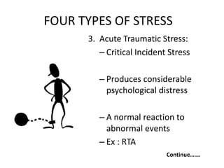 FOUR TYPES OF STRESS
3. Acute Traumatic Stress:
– Critical Incident Stress
– Produces considerable
psychological distress
– A normal reaction to
abnormal events
– Ex : RTA
Continue…….
 