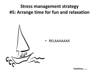 • RELAAAAAAX
Continue…….
Stress management strategy
#5: Arrange time for fun and relaxation
 