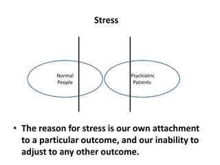 Stress
Normal
People
Psychiatric
Patients
• The reason for stress is our own attachment
to a particular outcome, and our inability to
adjust to any other outcome.
 