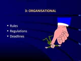 3: ORGANISATIONAL
• Rules
• Regulations
• Deadlines
 