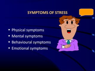 SYMPTOMS OF STRESS
• Physical symptoms
• Mental symptoms
• Behavioural symptoms
• Emotional symptoms
 