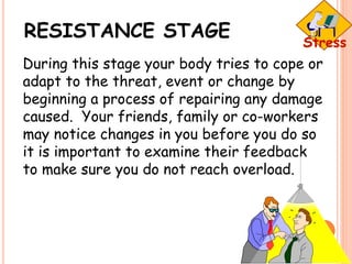 RESISTANCE STAGE
During this stage your body tries to cope or
adapt to the threat, event or change by
beginning a process of repairing any damage
caused. Your friends, family or co-workers
may notice changes in you before you do so
it is important to examine their feedback
to make sure you do not reach overload.
 