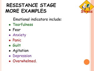 RESISTANCE STAGE
MORE EXAMPLES
Emotional indicators include:
 Tearfulness
 Fear
 Anxiety
 Panic
 Guilt
 Agitation
 Depression
 Overwhelmed.
 