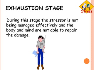 EXHAUSTION STAGE
During this stage the stressor is not
being managed effectively and the
body and mind are not able to repair
the damage.
 