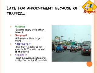LATE FOR APPOINTMENT BECAUSE OF
TRAFFIC…
 Response
-Became angry with other
drivers
 Changing it
-Allow more time to get
there
 Adapting to it
-The traffic delay is not
your fault. It’s not the end
of the world
 Avoiding it
-Can’t be avoided. Stop and
notify the doctor if possible
 