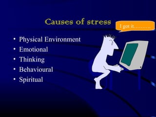 Causes of stress 
• Physical Environment 
• Emotional 
• Thinking 
• Behavioural 
• Spiritual 
I got it………. 
 