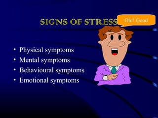 SIGNS OF STRESS 
• Physical symptoms 
• Mental symptoms 
• Behavioural symptoms 
• Emotional symptoms 
Oh!! Good 
 