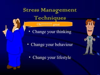 Stress Management 
Techniques 
Oh!!!!!!!!!! great 
• Change your thinking 
• Change your behaviour 
• Change your lifestyle 
 