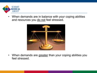 • When demands are in balance with your coping abilities
and resources you do not feel stressed.
• When demands are greater than your coping abilities you
feel stressed.
 