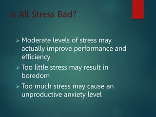 Is All Stress Bad?
 Moderate levels of stress may
actually improve performance and
efficiency
 Too little stress may result in
boredom
 Too much stress may cause an
unproductive anxiety level
 