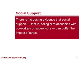 Social Support
There is increasing evidence that social
support — that is, collegial relationships with
co-workers or supervisors — can buffer the
impact of stress.

visit: www.exploreHR.org

11

 