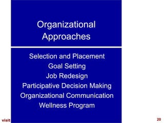 Organizational
Approaches
Selection and Placement
Goal Setting
Job Redesign
Participative Decision Making
Organizational Communication
Wellness Program
visit: www.exploreHR.org

20

 