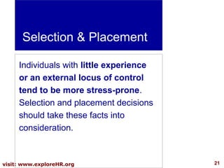 Selection & Placement
Individuals with little experience
or an external locus of control
tend to be more stress-prone.
Selection and placement decisions
should take these facts into
consideration.

visit: www.exploreHR.org

21

 