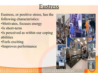 Eustress
Eustress, or positive stress, has the
following characteristics:
•Motivates, focuses energy
•Is short-term
•Is perceived as within our coping
abilities
•Feels exciting
•Improves performance
 