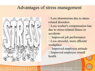 Advantages of stress management
Less absenteeism due to stress-
related disorders
Less worker's compensation loss
due to stress-related illness or
accidents
Improved job performance
Less stressful, more efficient
workplace
Improved employee attitude
Improved employee overall
health
 
