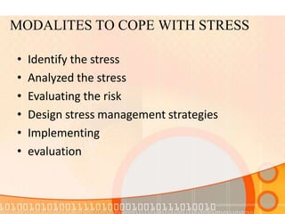 MODALITES TO COPE WITH STRESS
• Identify the stress
• Analyzed the stress
• Evaluating the risk
• Design stress management strategies
• Implementing
• evaluation
 
