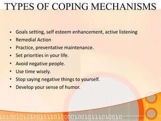 TYPES OF COPING MECHANISMS
•
•
•
•
•
•
•
•
Goals setting, self esteem enhancement, active listening
Remedial Action
Practice, preventative maintenance.
Set priorities in your life.
Avoid negative people.
Use time wisely.
Stop saying negative things to yourself.
Develop your sense of humor.
 