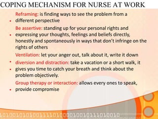 COPING MECHANISM FOR NURSE AT WORK
•
•
•
•
•
Reframing: is finding ways to see the problem from a
different perspective
Be assertive: standing up for your personal rights and
expressing your thoughts, feelings and beliefs directly,
honestly and spontaneously in ways that don’t infringe on the
rights of others
Ventilation: let your anger out, talk about it, write it down
diversion and distraction: take a vacation or a short walk, it
gives you time to catch your breath and think about the
problem objectively.
Group therapy or interaction: allows every ones to speak,
provide compromise
 