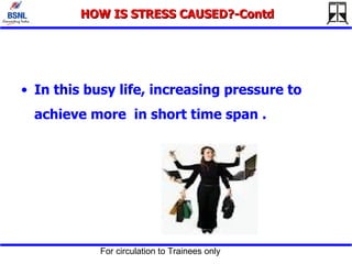 HOW IS STRESS CAUSED?-Contd In this busy life, increasing pressure to achieve more  in short time span . 