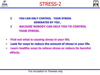 STRESS-2 <ul><li>1  YOU CAN ONLY CONTROL  YOUR STRESS  </li></ul><ul><li>GENERATED BY YOU , </li></ul><ul><li>2   BACAUSE ...