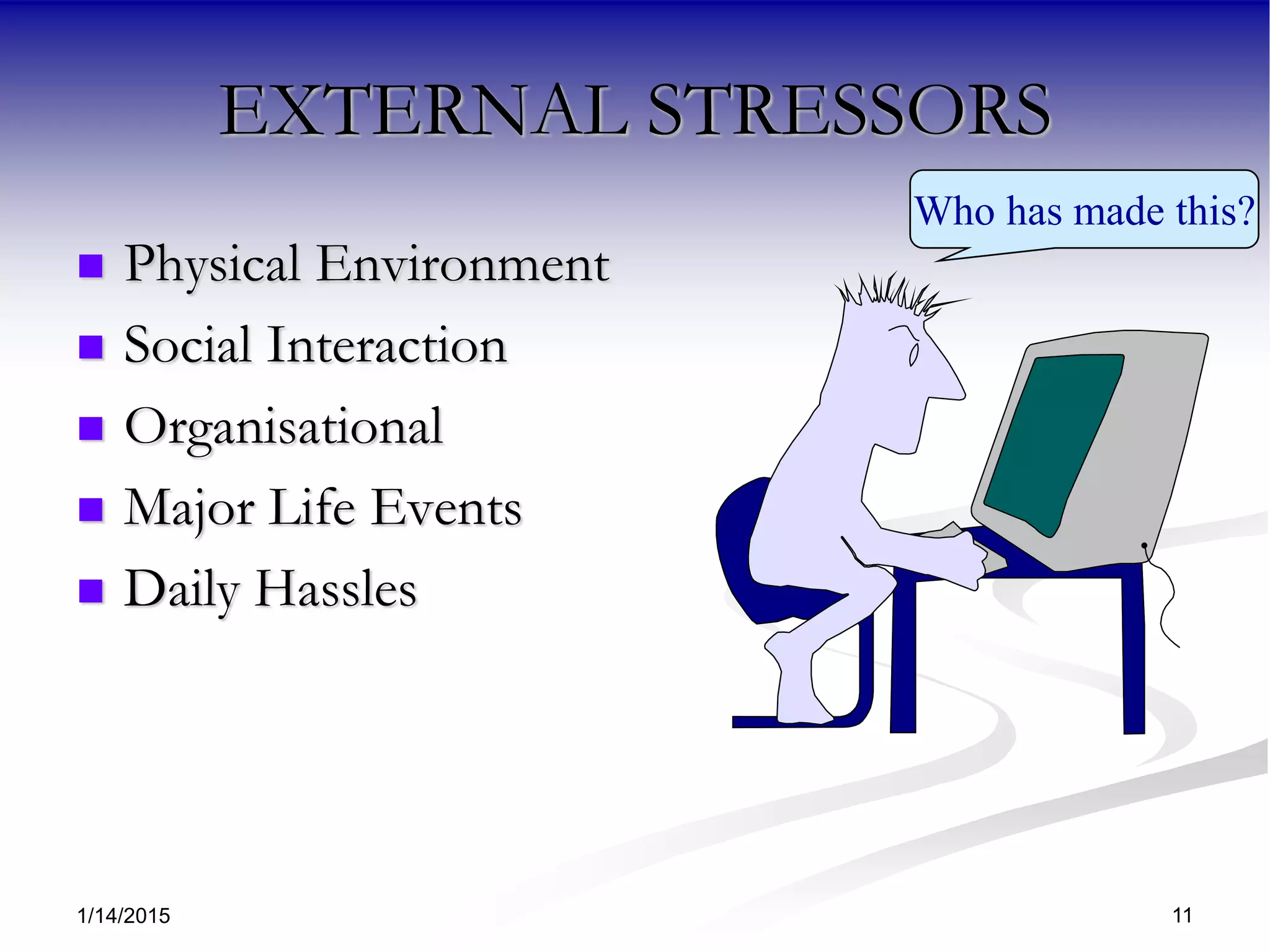 1/14/2015 11
EXTERNAL STRESSORS
 Physical Environment
 Social Interaction
 Organisational
 Major Life Events
 Daily Hassles
Who has made this?
 