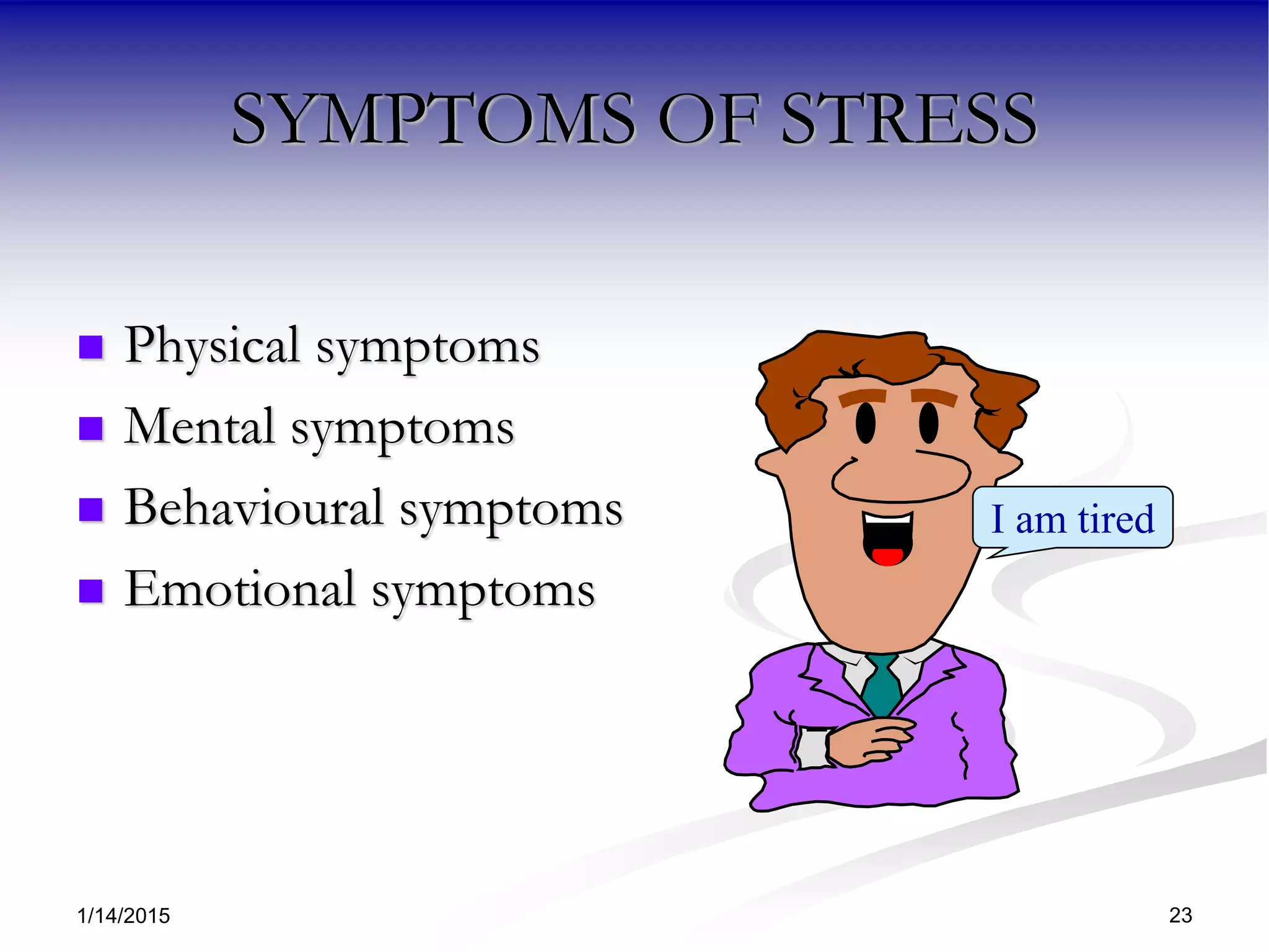 1/14/2015 23
SYMPTOMS OF STRESS
 Physical symptoms
 Mental symptoms
 Behavioural symptoms
 Emotional symptoms
I am tired
 