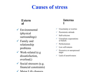 Causes of stress
 Environmental
(physical
surroundings)
 Family and
relationship
problems
 Work-related (e.g
dissatisfaction,
overload,)
 Social stressors (e.g.
financial constraints)
 Uncertainty or worries
 Pessimistic attitude
 Self-criticism
 Unrealistic expectations
or beliefs
 Perfectionism
 Low self-esteem
 Excessive or unexpressed
anger
 Lack of assertiveness
Extern
al
Interna
l
 