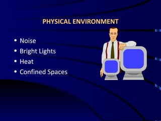 PHYSICAL ENVIRONMENT Noise Bright Lights Heat Confined Spaces 