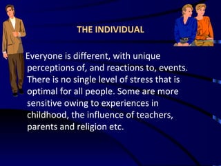 THE INDIVIDUAL Everyone is different, with unique perceptions of, and reactions to, events. There is no single level of stress that is optimal for all people. Some are more sensitive owing to experiences in childhood, the influence of teachers, parents and religion etc. 